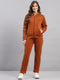 Women Brown Printed Hooded Full Sleeve Winter Tracksuit