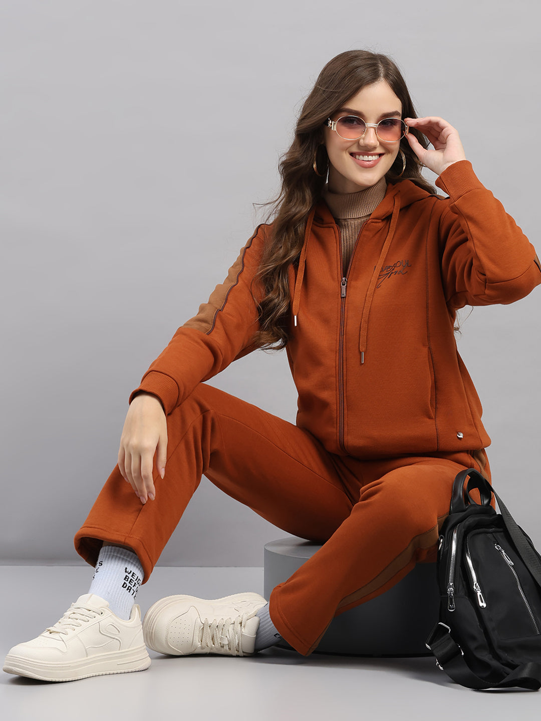 Women Brown Printed Hooded Full Sleeve Winter Tracksuit