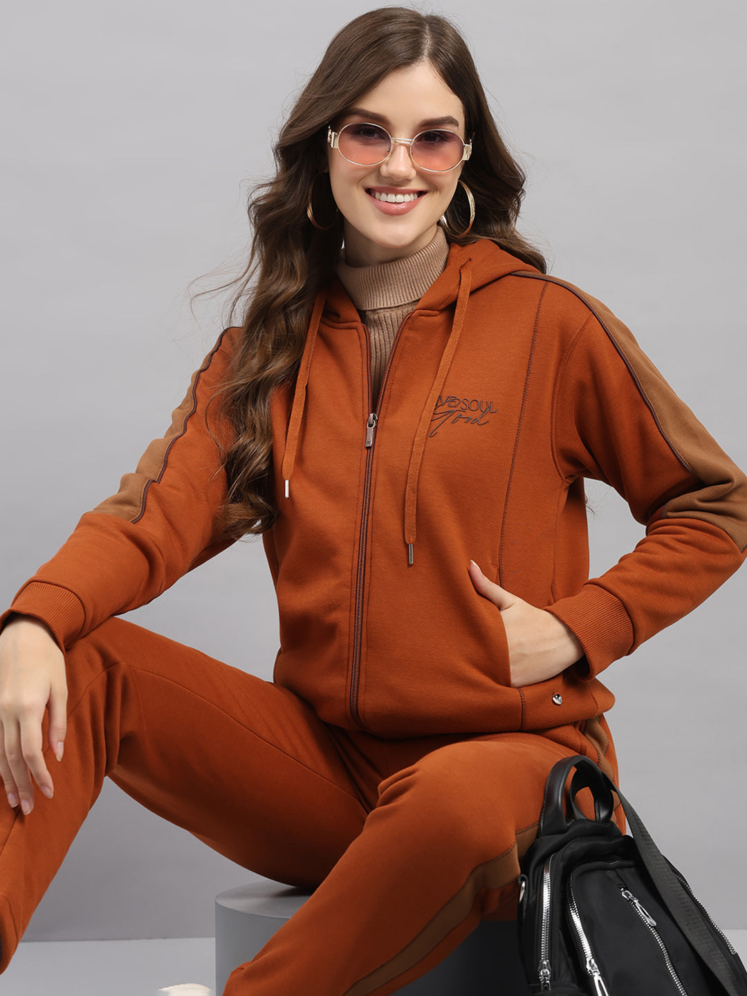 Women Brown Printed Hooded Full Sleeve Winter Tracksuit