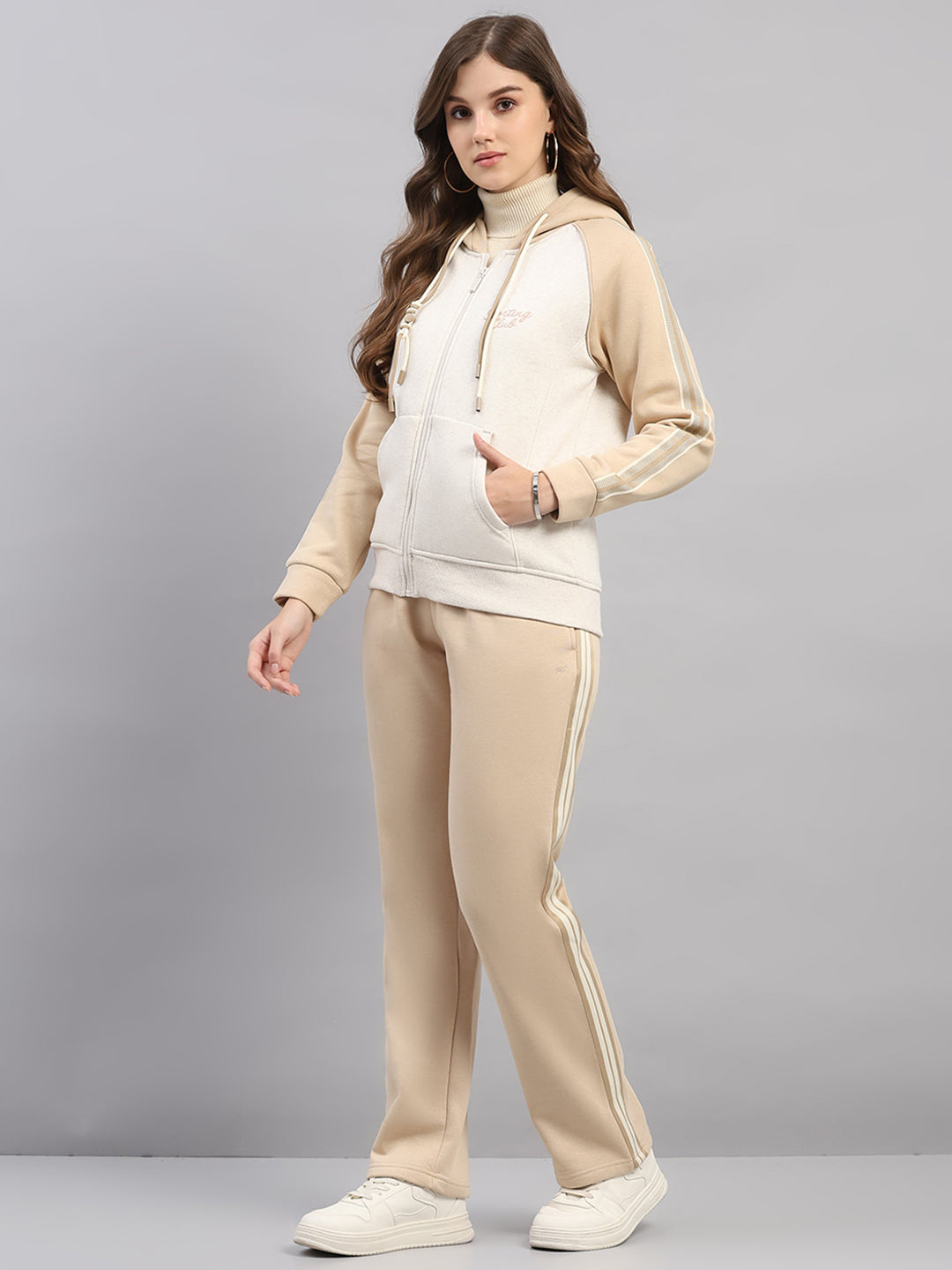Women Beige Printed Hooded Full Sleeve Winter Tracksuit
