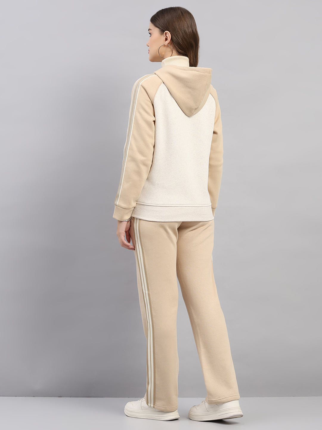 Women Beige Printed Hooded Full Sleeve Winter Tracksuit