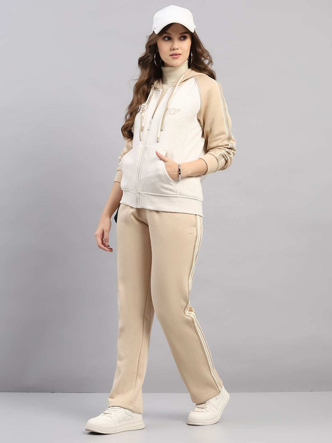 Women Beige Printed Hooded Full Sleeve Winter Tracksuit