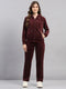 Women Burgundy Printed Hooded Full Sleeve Winter Tracksuit