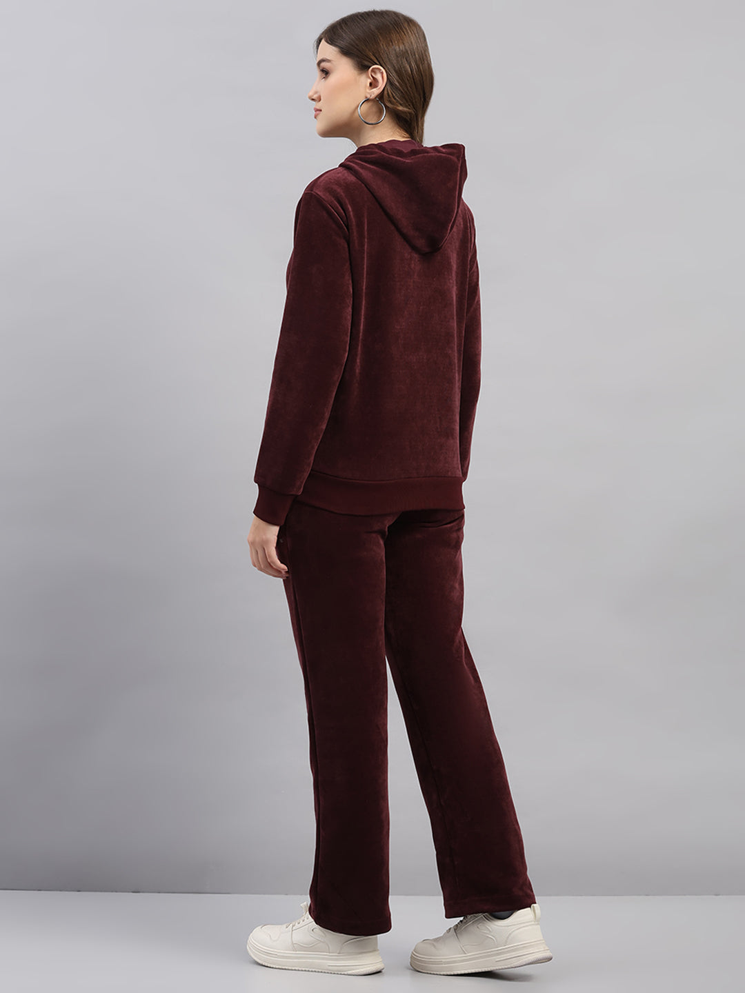 Women Burgundy Printed Hooded Full Sleeve Winter Tracksuit