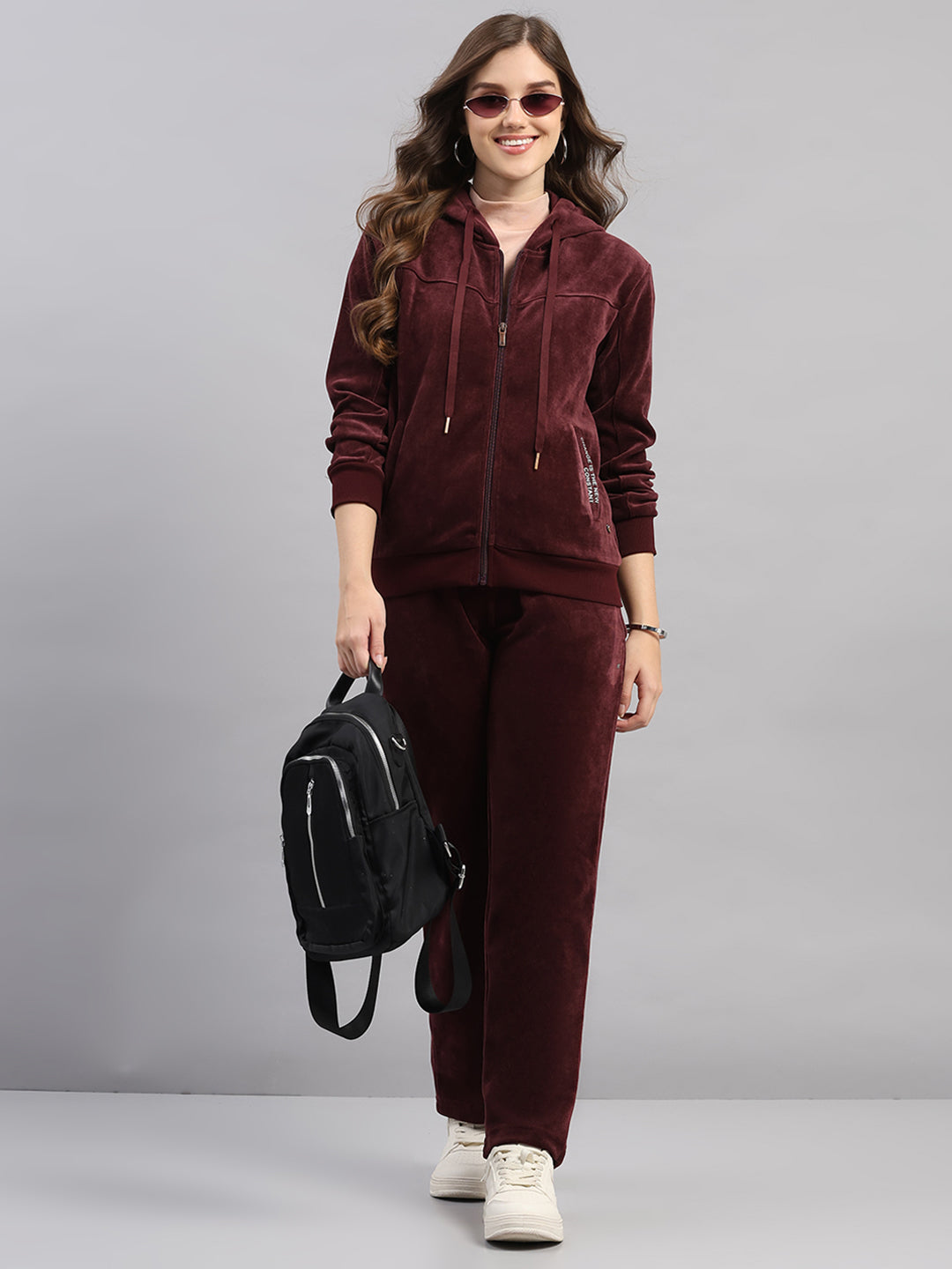 Women Burgundy Printed Hooded Full Sleeve Winter Tracksuit