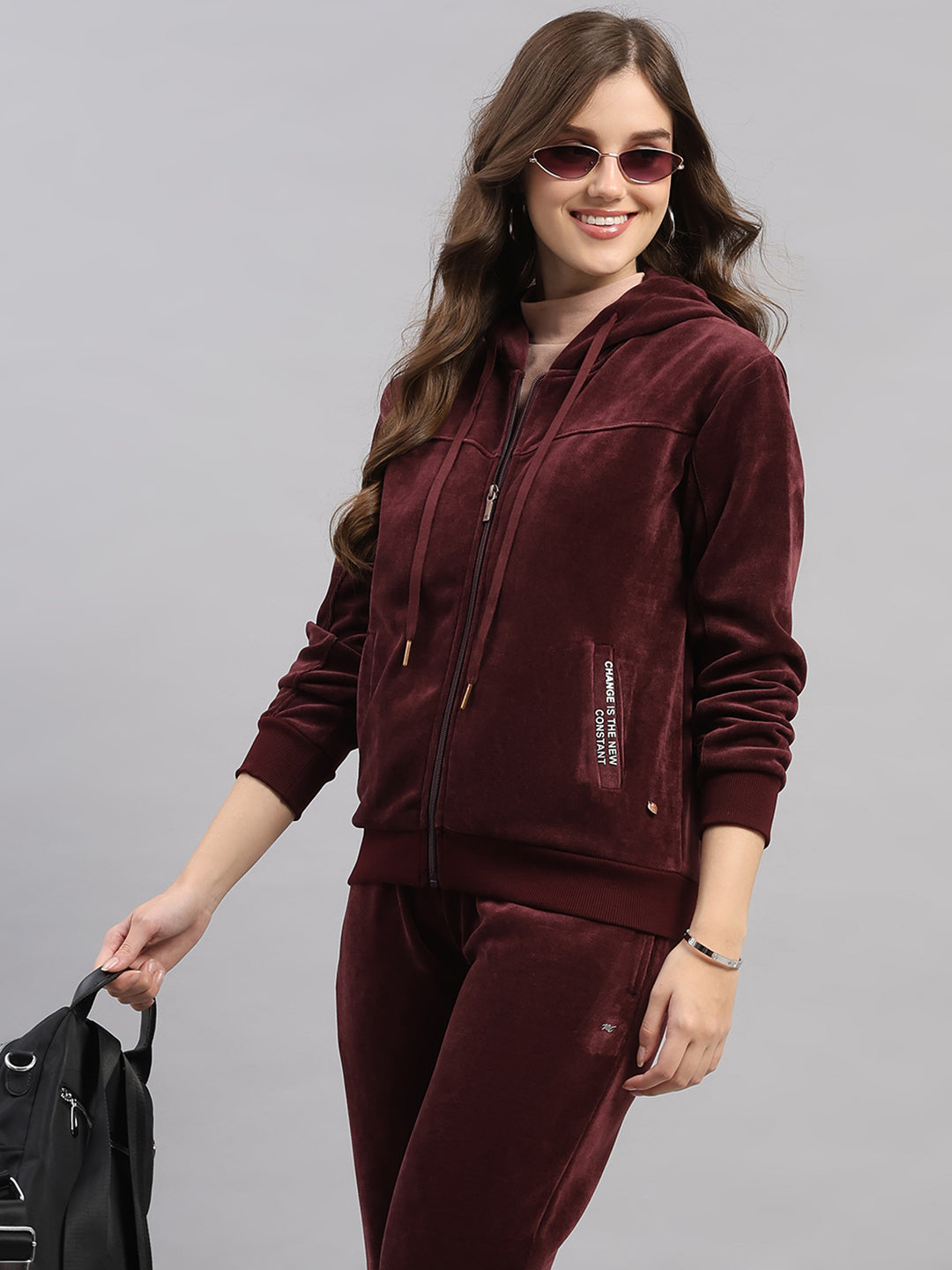 Women Burgundy Printed Hooded Full Sleeve Winter Tracksuit