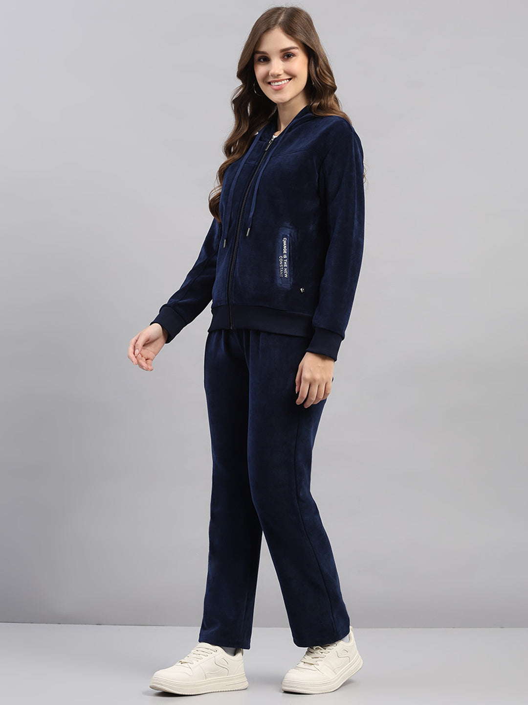 Women Navy Blue Printed Hooded Full Sleeve Winter Tracksuit