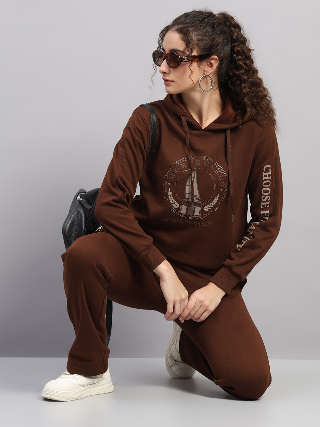 Women Brown Printed Hooded Full Sleeve Cords Set