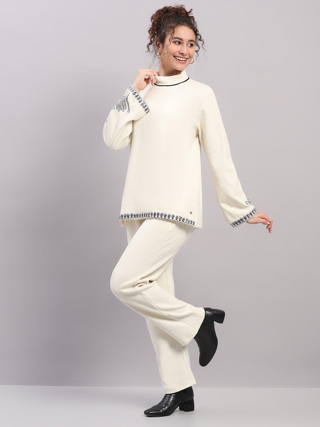 Women Cream Embroidered Turtle Neck Full Sleeve Cords Set