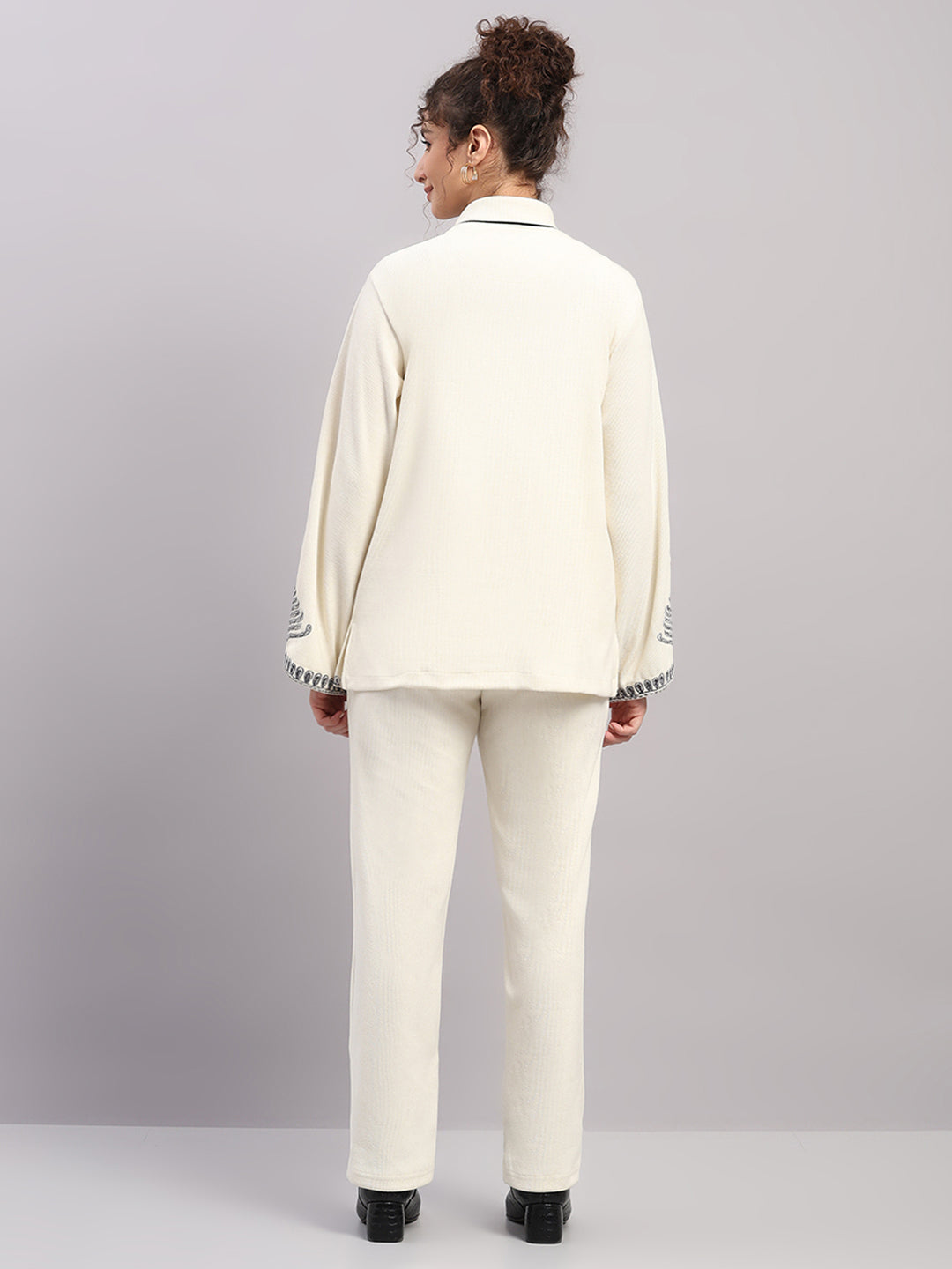 Women Cream Embroidered Turtle Neck Full Sleeve Cords Set