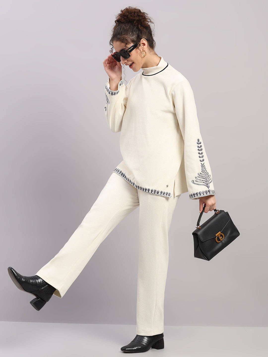Women Cream Embroidered Turtle Neck Full Sleeve Cords Set