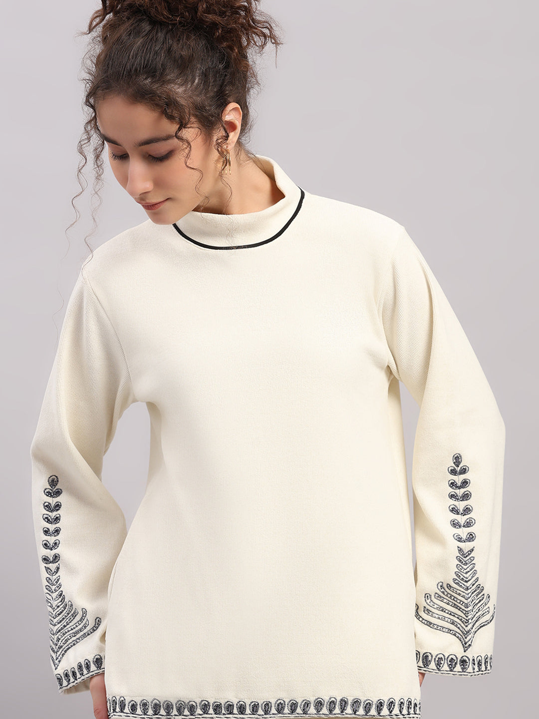 Women Cream Embroidered Turtle Neck Full Sleeve Cords Set