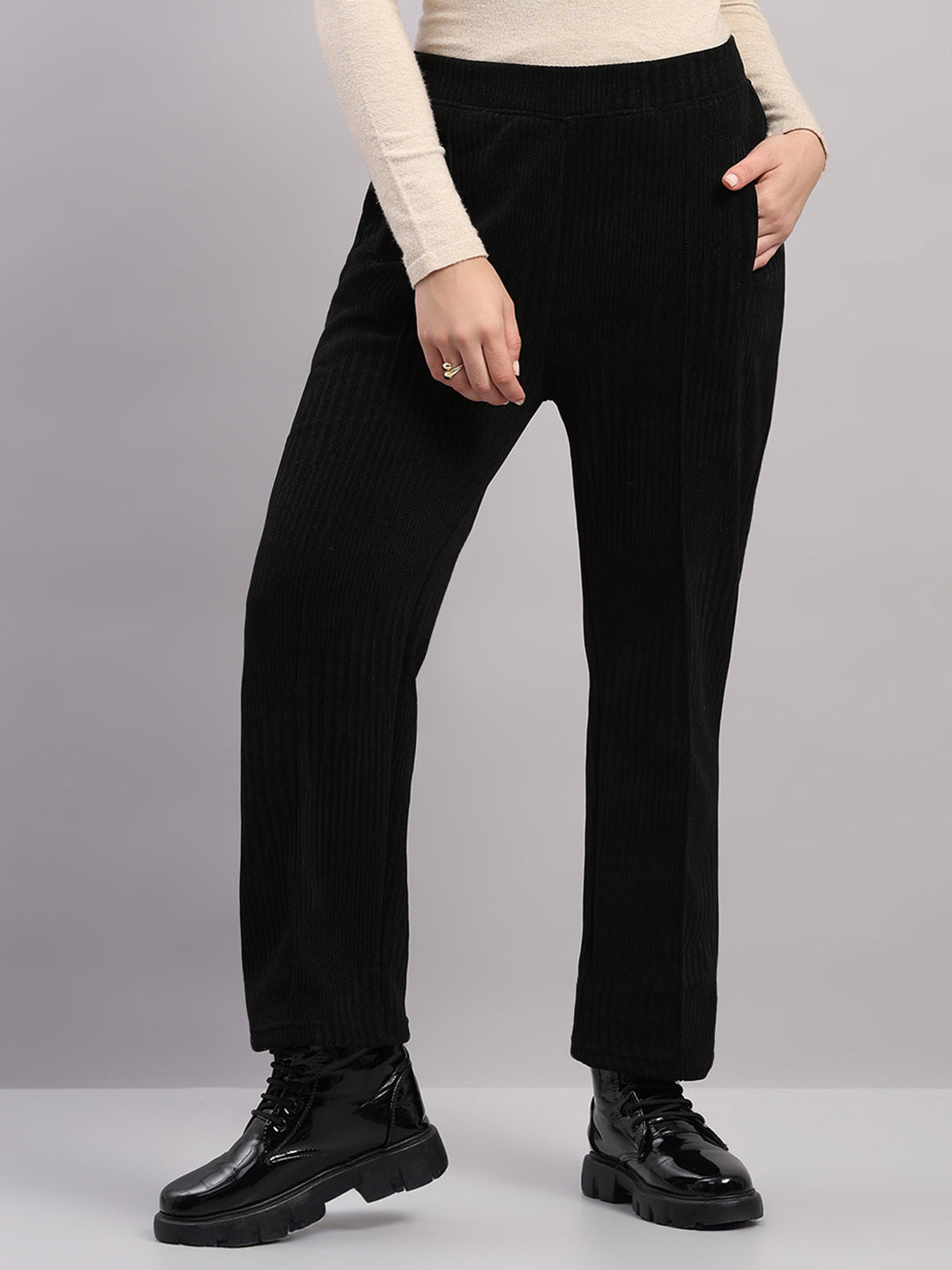 Women Black Self Design Regular Fit Winter Lower