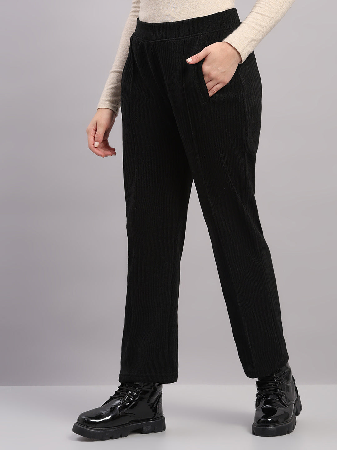 Women Black Self Design Regular Fit Winter Lower