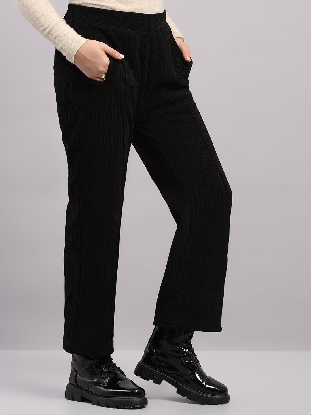 Women Black Self Design Regular Fit Winter Lower