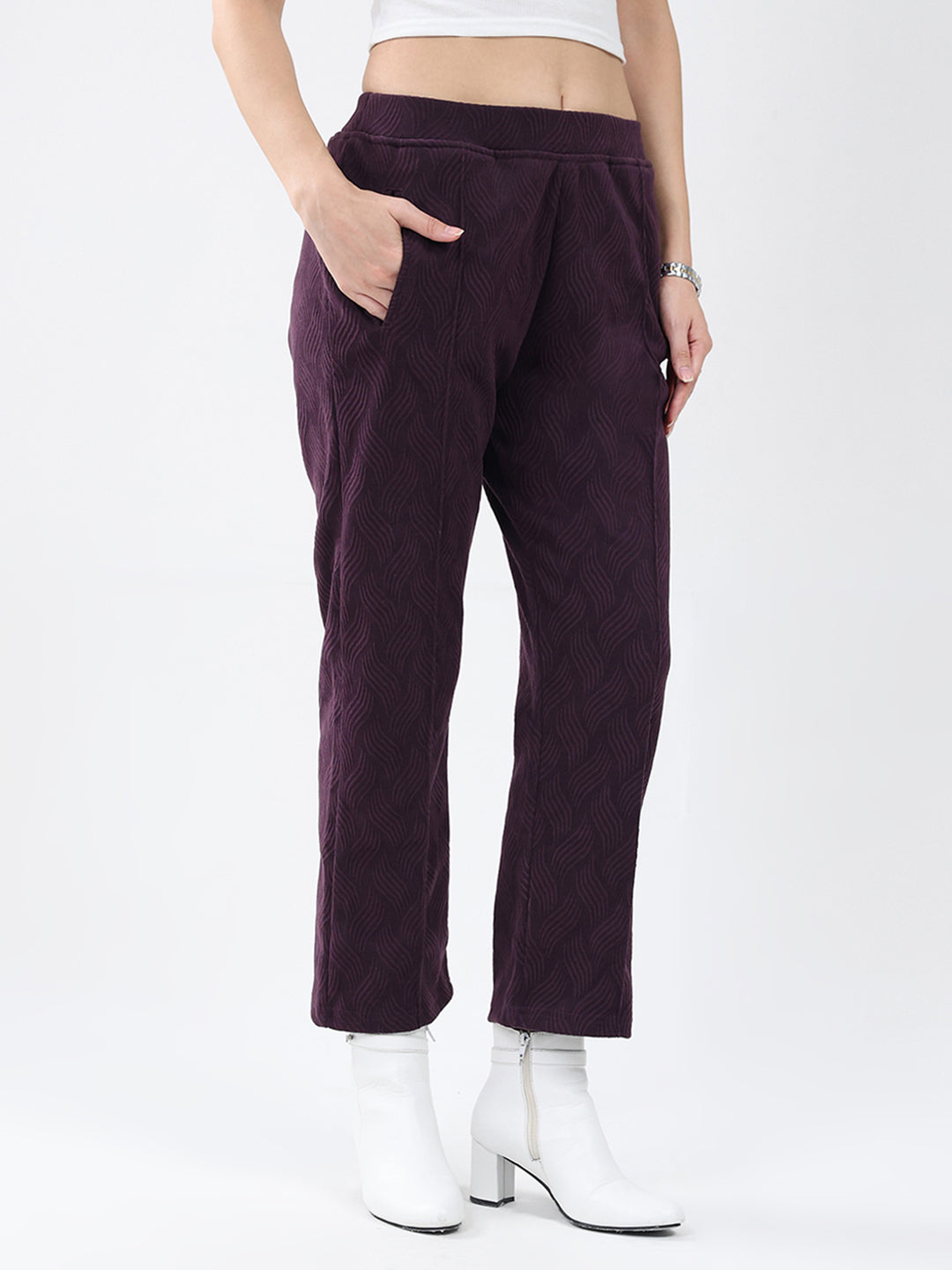 Women Purple Self Design Regular Fit Winter Lower