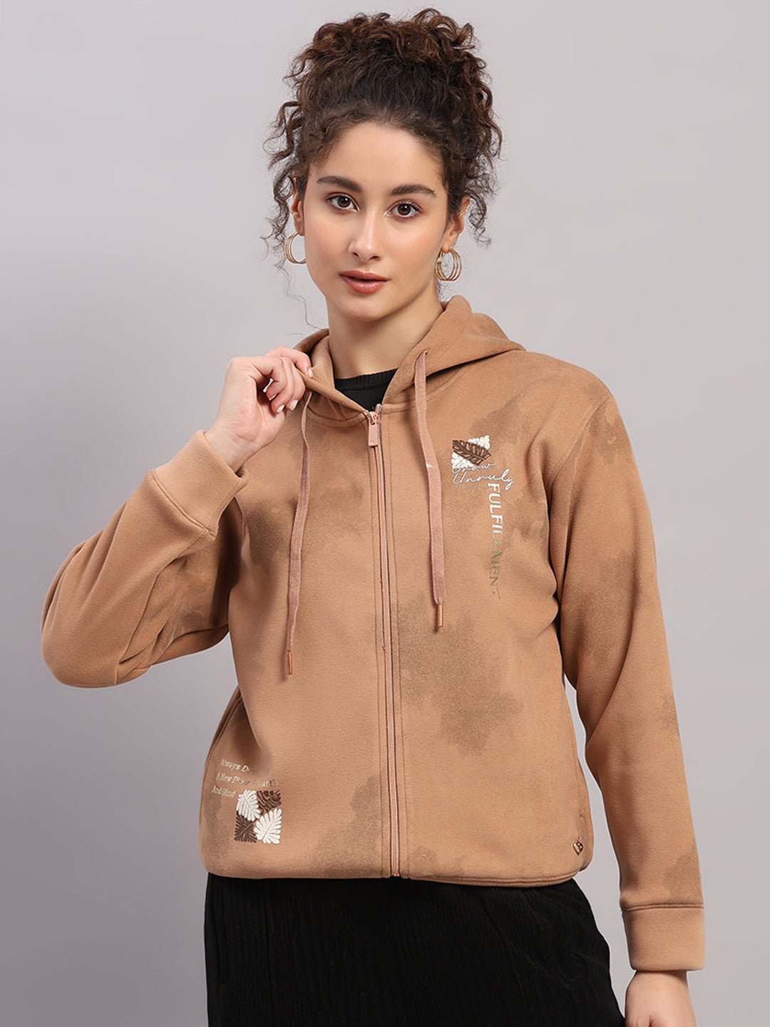 Women Brown Printed Hooded Full Sleeve Sweatshirt