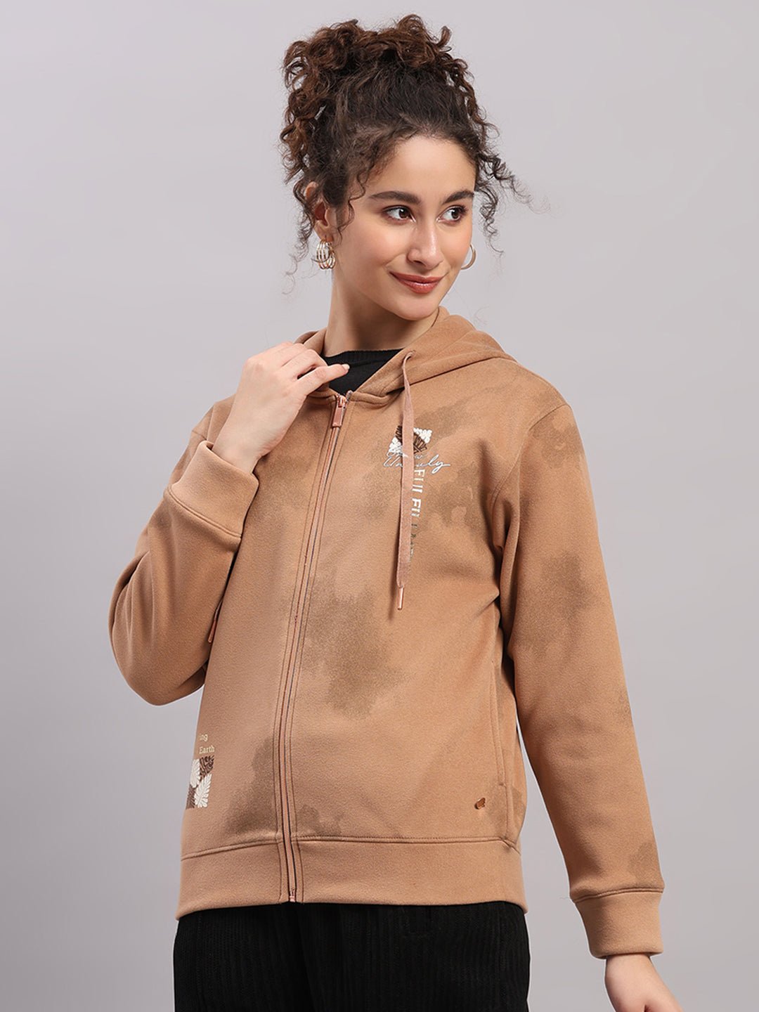 Women Brown Printed Hooded Full Sleeve Sweatshirt