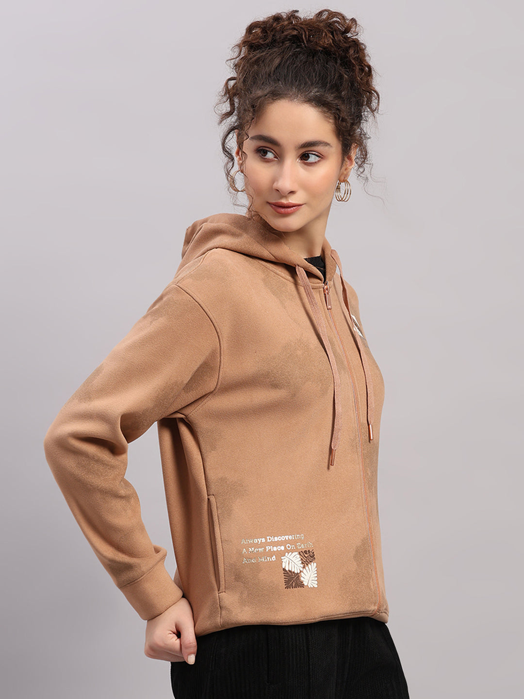 Women Brown Printed Hooded Full Sleeve Sweatshirt
