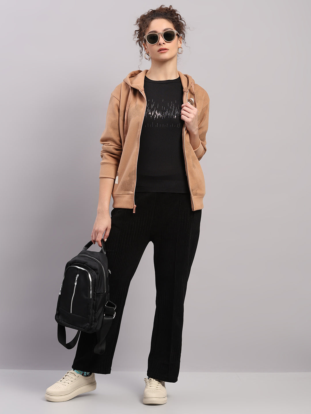 Women Brown Printed Hooded Full Sleeve Sweatshirt