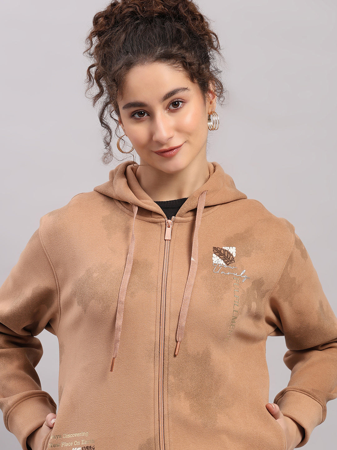 Women Brown Printed Hooded Full Sleeve Sweatshirt