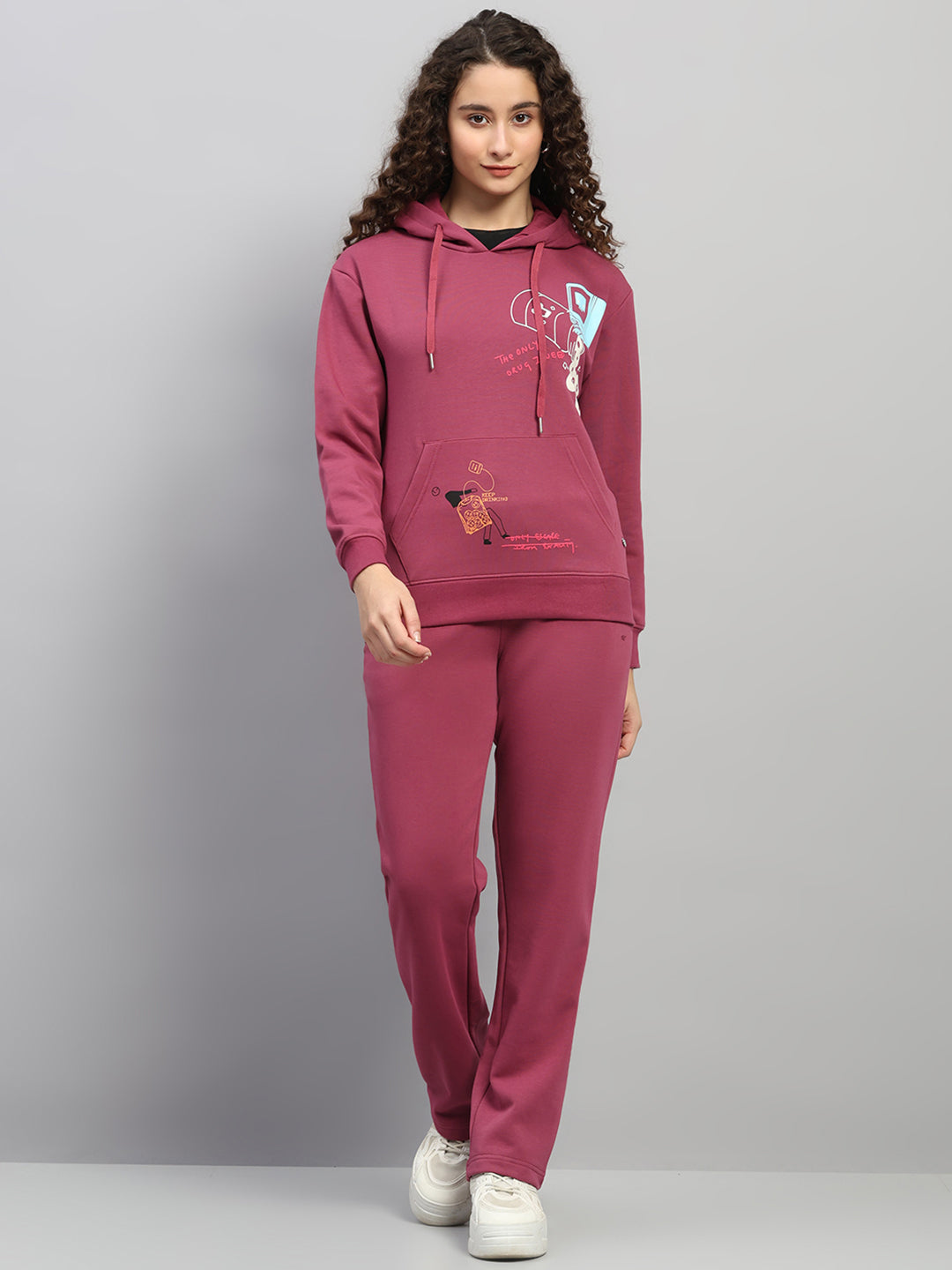 Women Rose Pink Printed Hooded Full Sleeve Winter Tracksuit