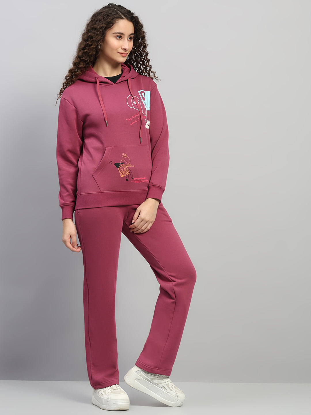 Women Rose Pink Printed Hooded Full Sleeve Winter Tracksuit