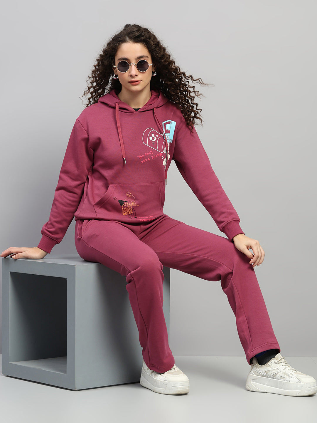 Women Rose Pink Printed Hooded Full Sleeve Winter Tracksuit