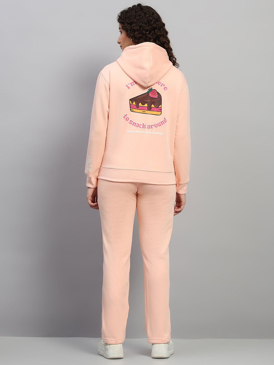 Women Peach Printed Hooded Full Sleeve Winter Tracksuit