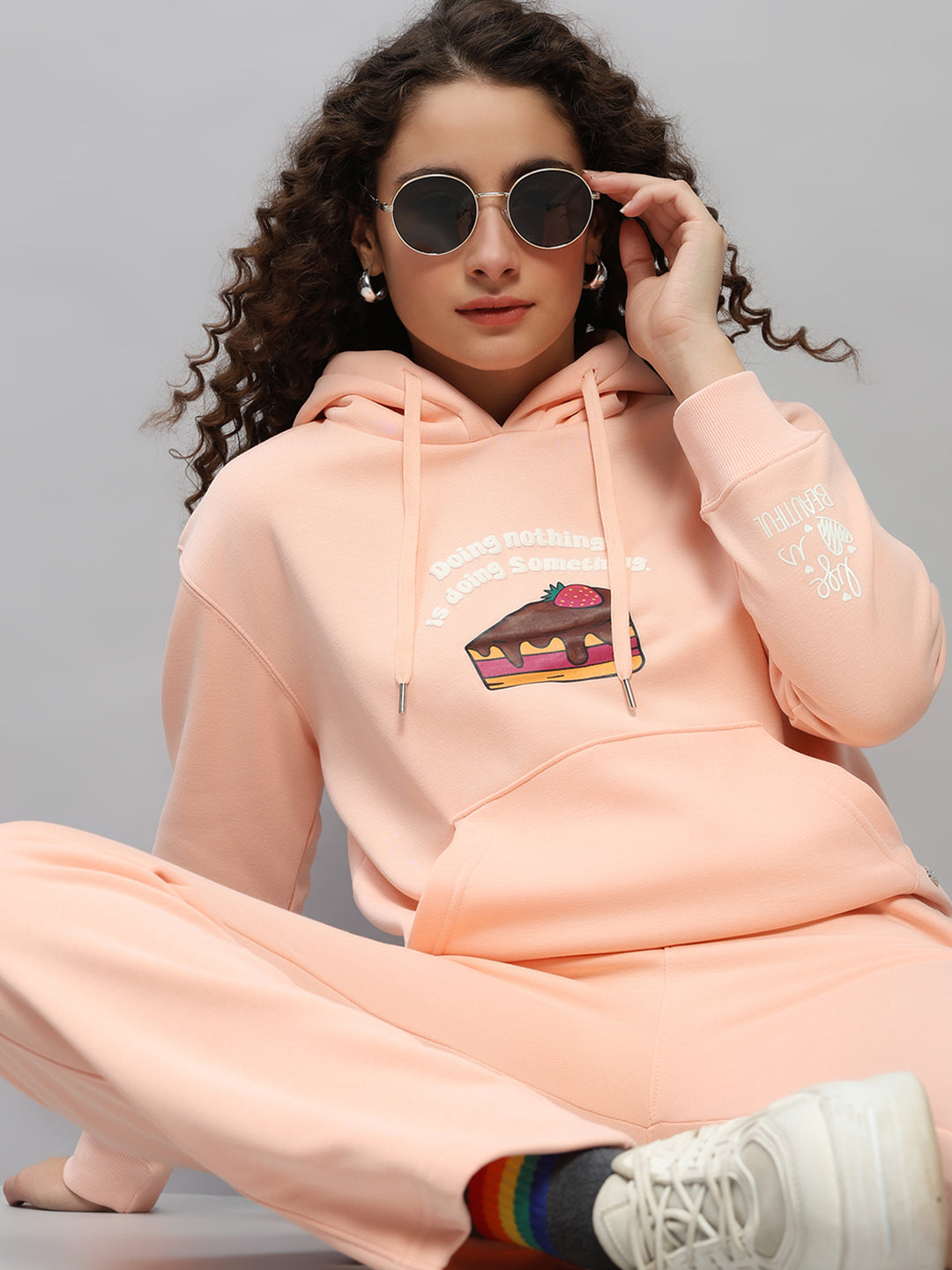 Women Peach Printed Hooded Full Sleeve Winter Tracksuit