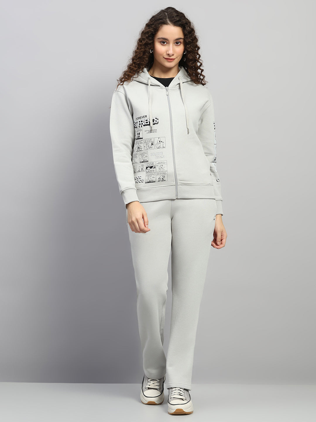 Women Grey Printed Hooded Full Sleeve Winter Tracksuit