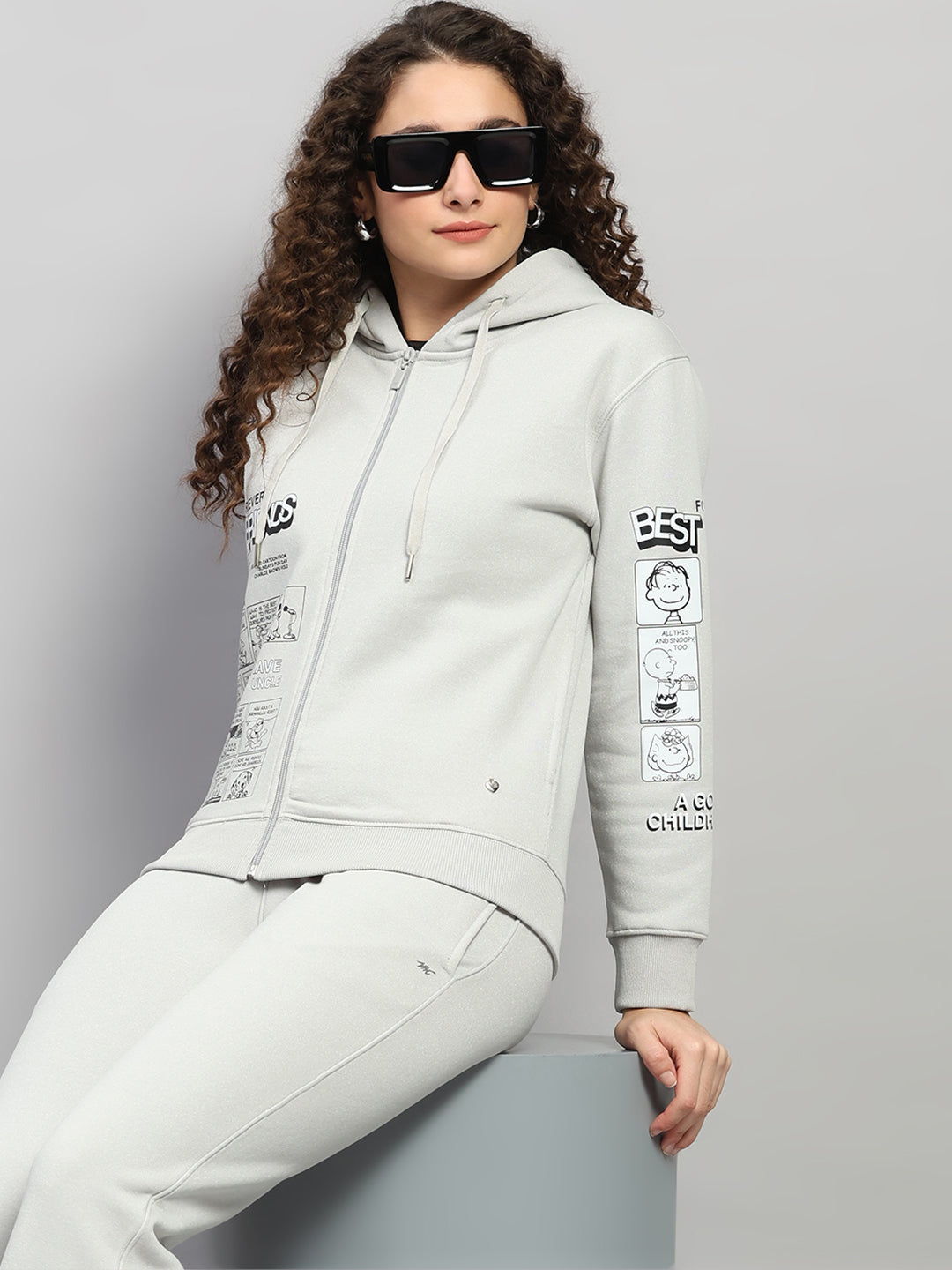 Women Grey Printed Hooded Full Sleeve Winter Tracksuit