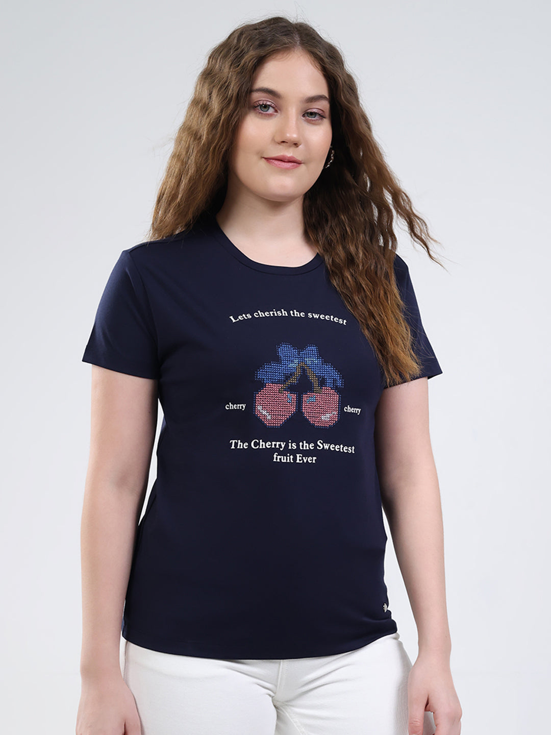 Women Navy Blue Printed Round Neck Half Sleeve Top