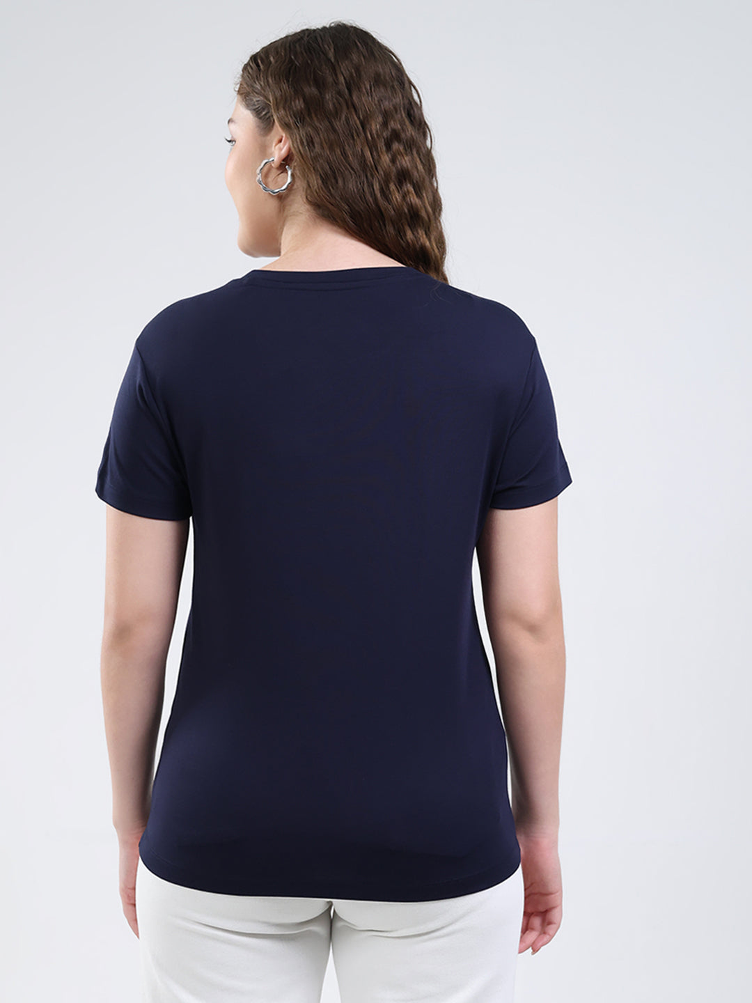 Women Navy Blue Printed Round Neck Half Sleeve Top