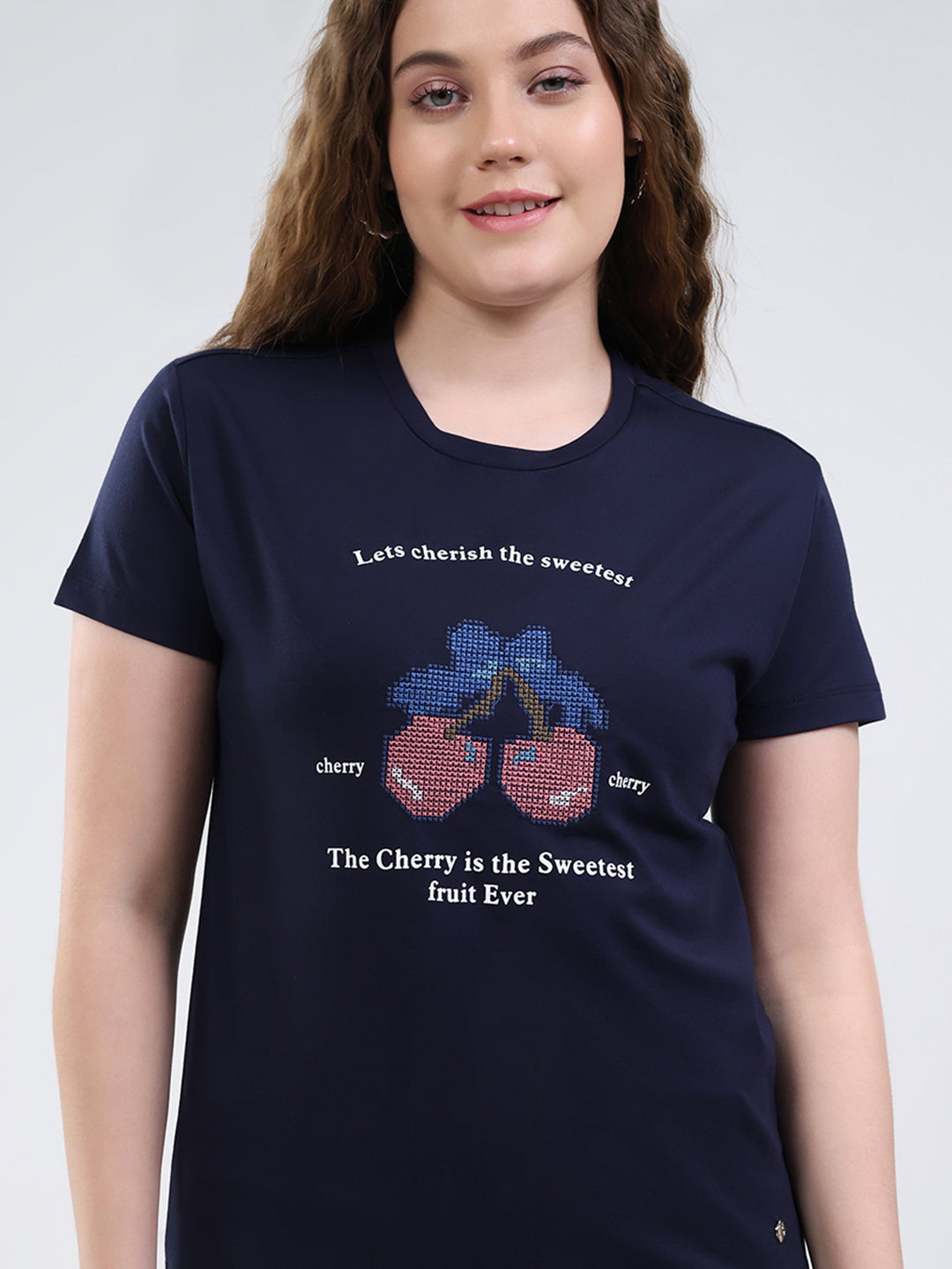 Women Navy Blue Printed Round Neck Half Sleeve Top