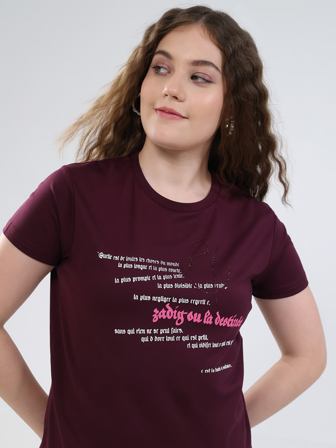 Women Burgundy Printed Round Neck Half Sleeve Top