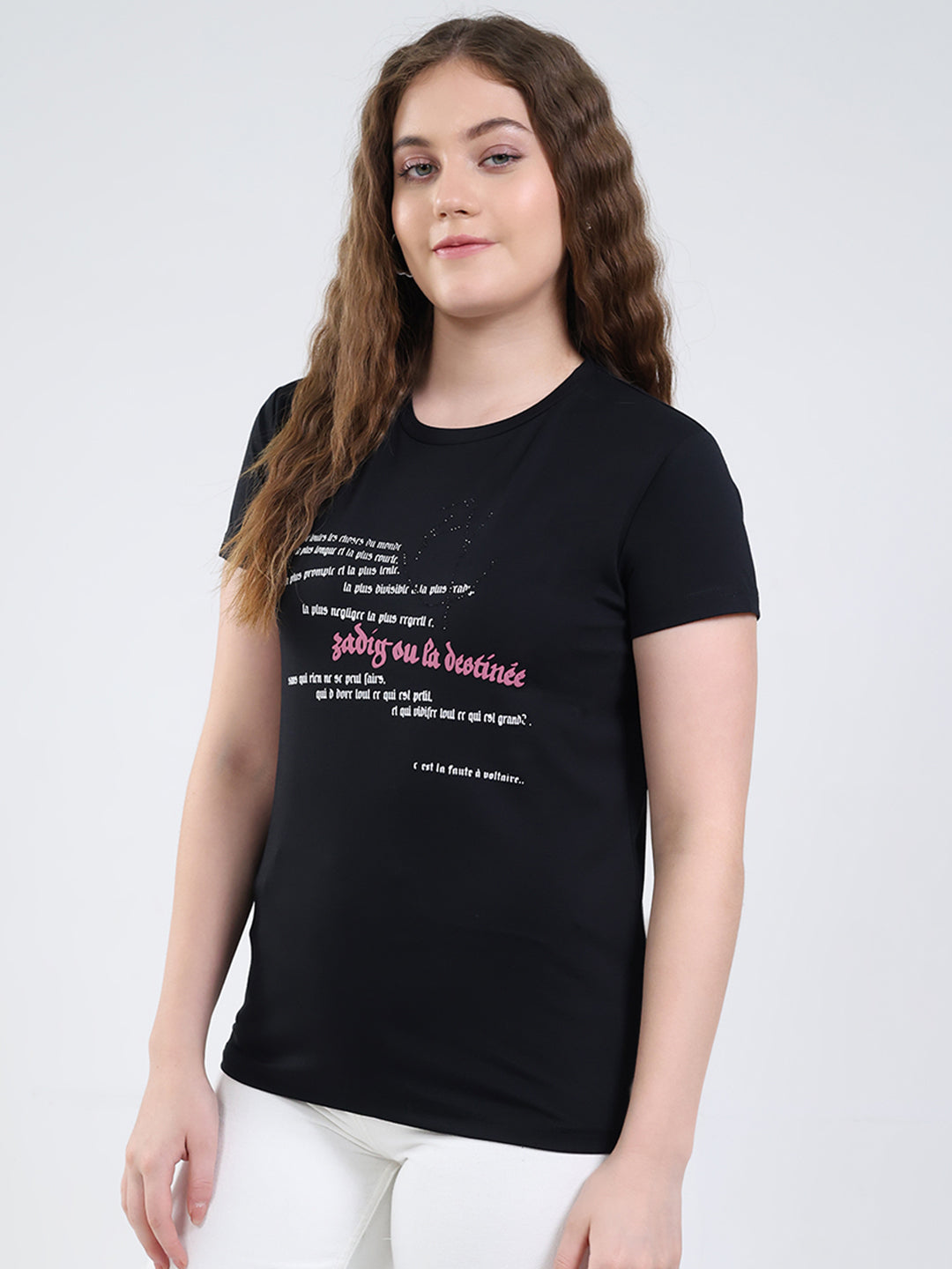 Women Black Printed Round Neck Half Sleeve Top