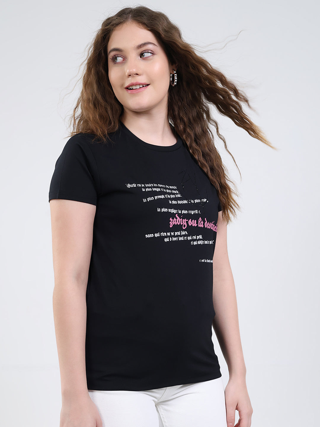 Women Black Printed Round Neck Half Sleeve Top