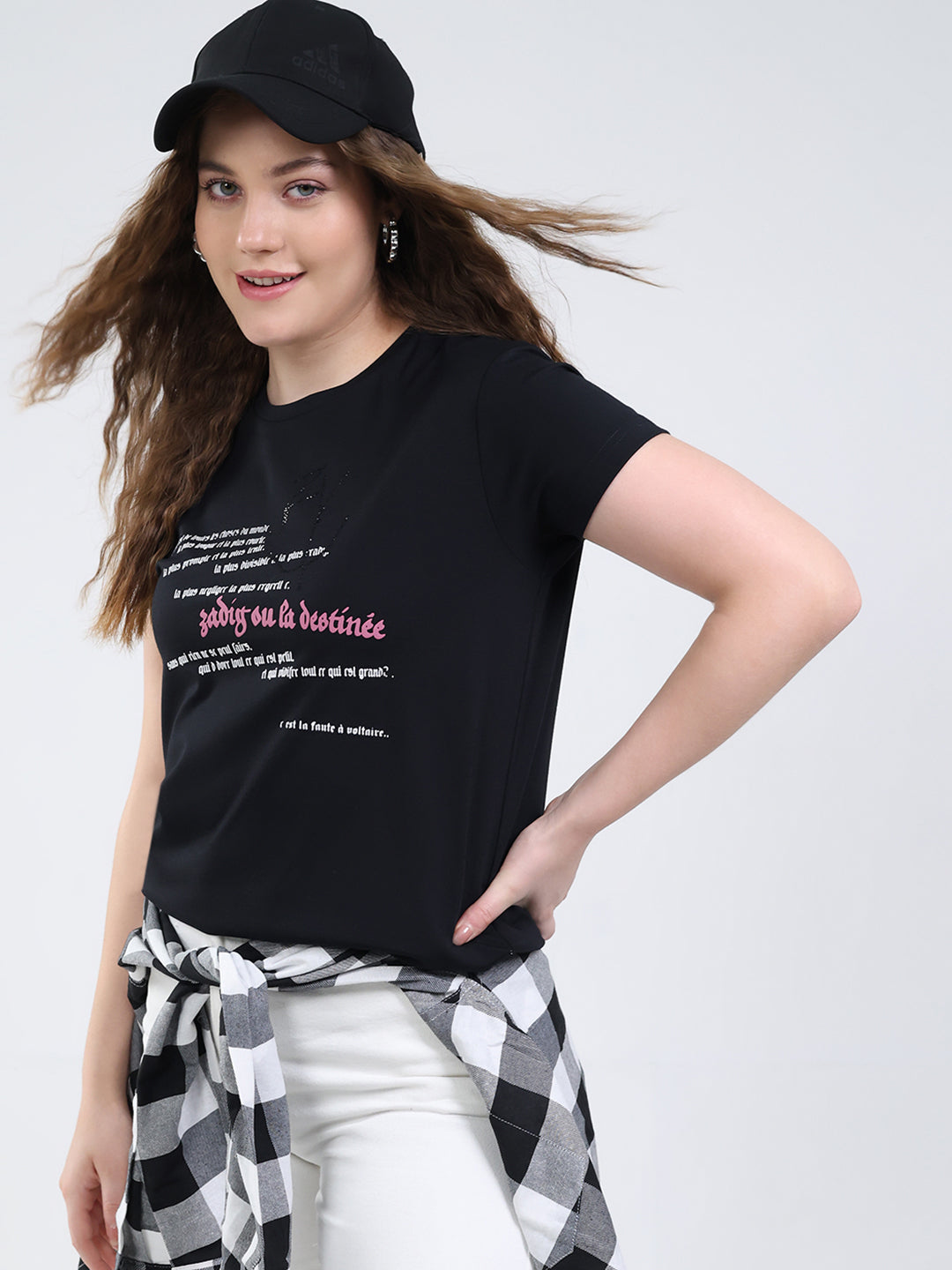 Women Black Printed Round Neck Half Sleeve Top