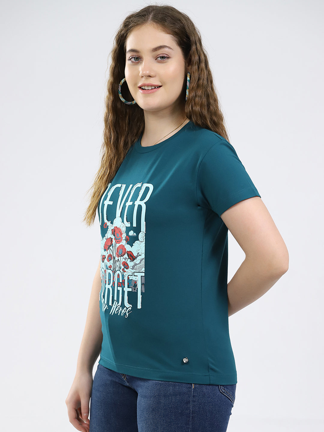 Women Teal Blue Printed Round Neck Half Sleeve Top
