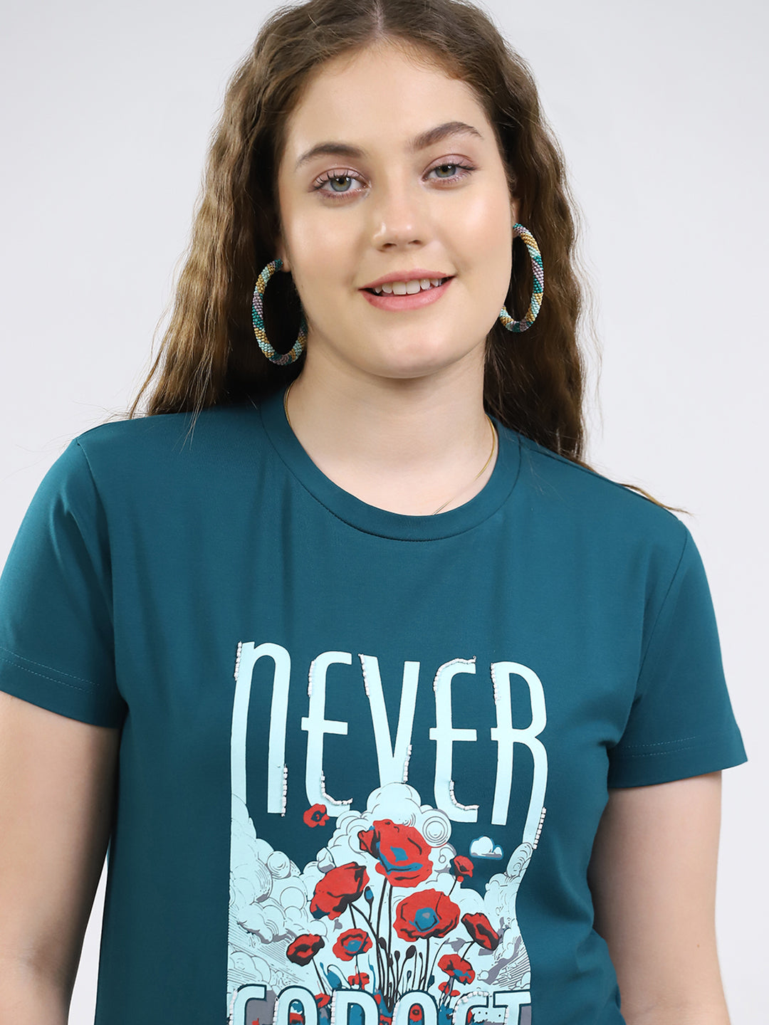 Women Teal Blue Printed Round Neck Half Sleeve Top