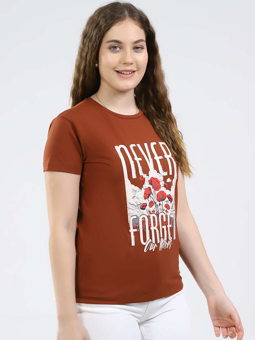 Women Brown Printed Round Neck Half Sleeve Top