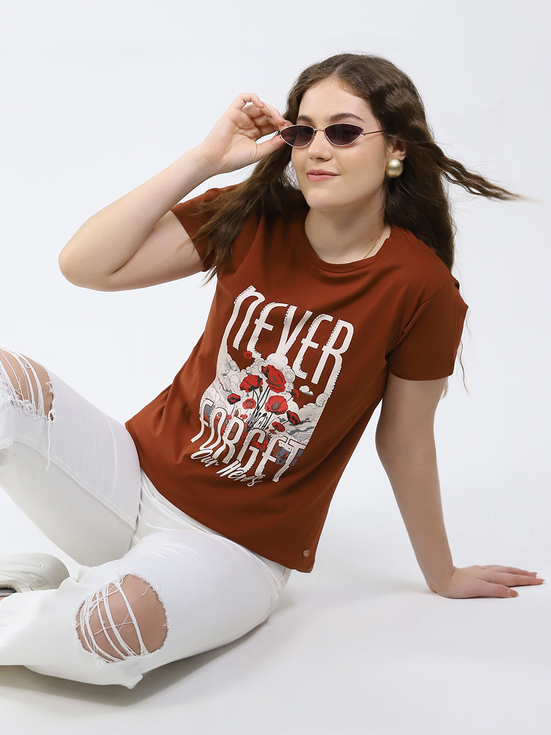 Women Brown Printed Round Neck Half Sleeve Top