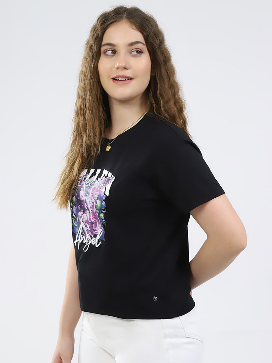 Women Black Printed Round Neck Half Sleeve Top