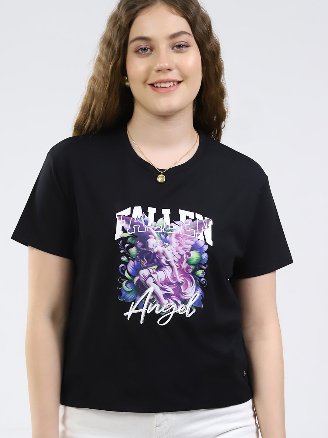 Women Black Printed Round Neck Half Sleeve Top