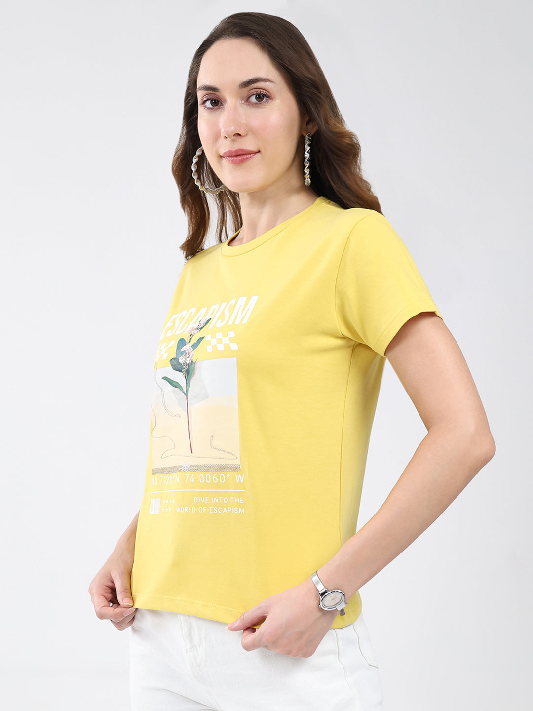 Women Yellow Printed Round Neck Half Sleeve Top