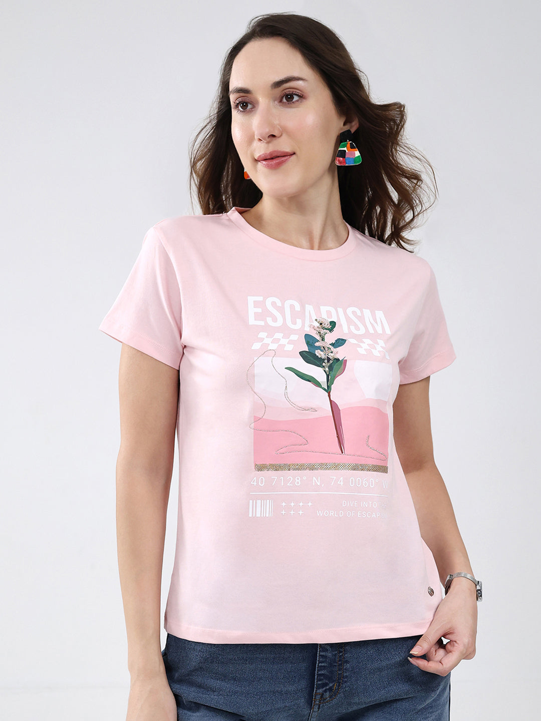 Women Pink Printed Round Neck Half Sleeve Top