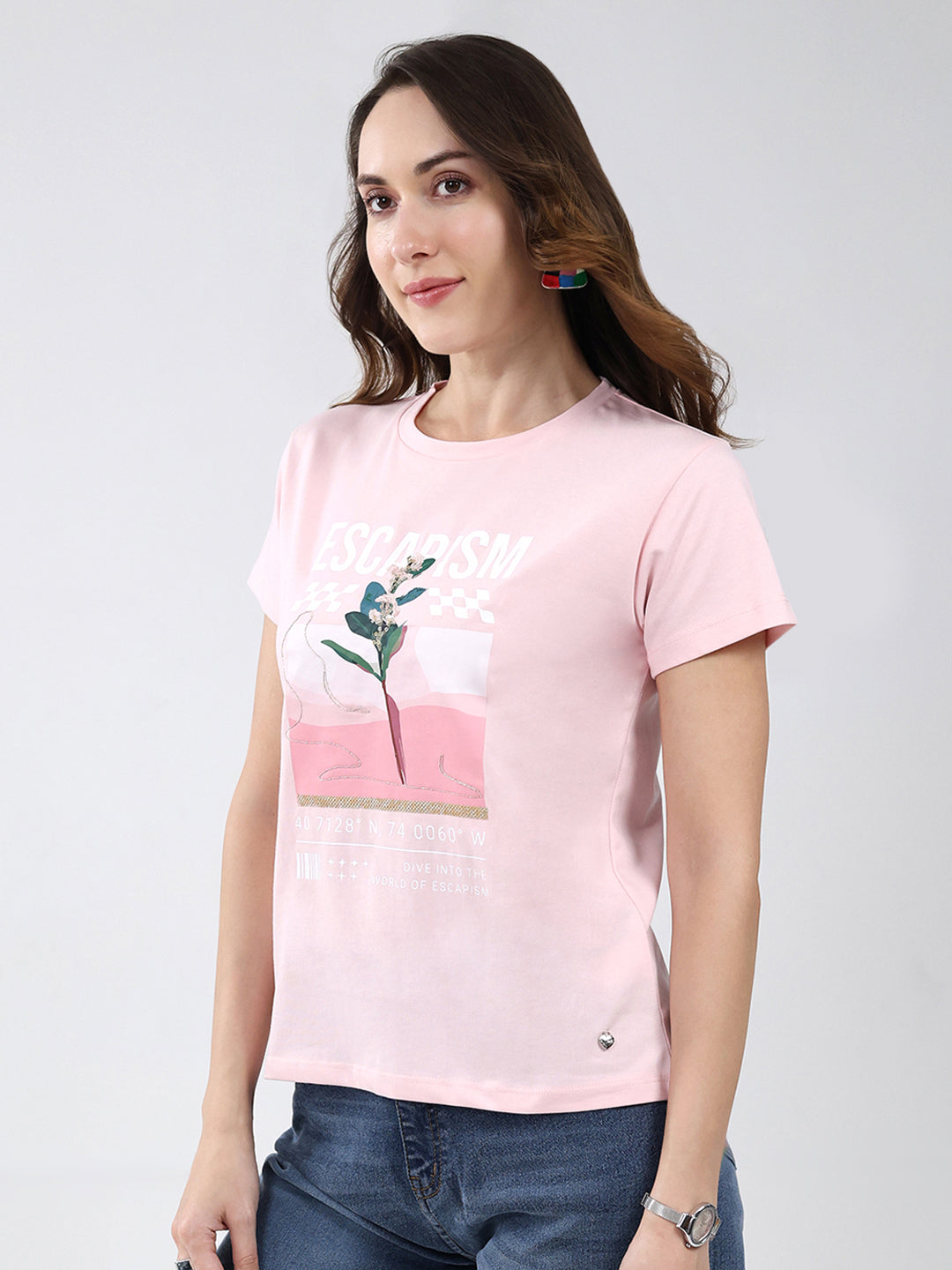 Women Pink Printed Round Neck Half Sleeve Top