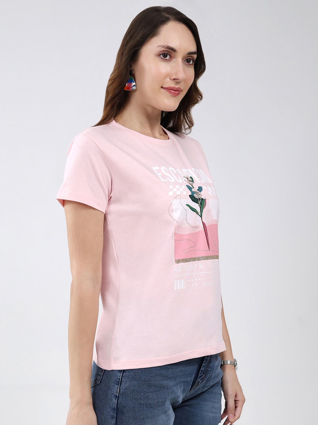 Women Pink Printed Round Neck Half Sleeve Top