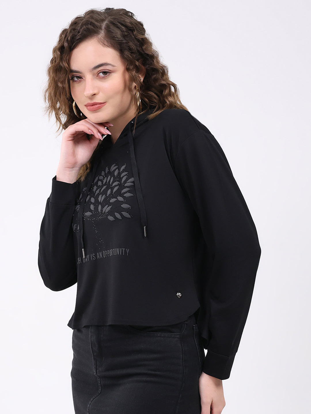 Women Black Printed Hooded Full Sleeve Winter Top